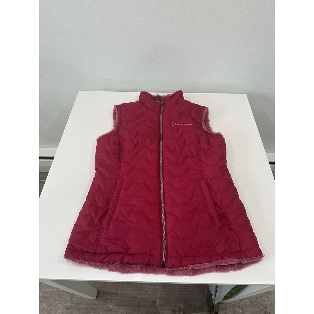 Free Country Women’s Small Reversible Quilted Faux Fur Vest Pink Full Zip